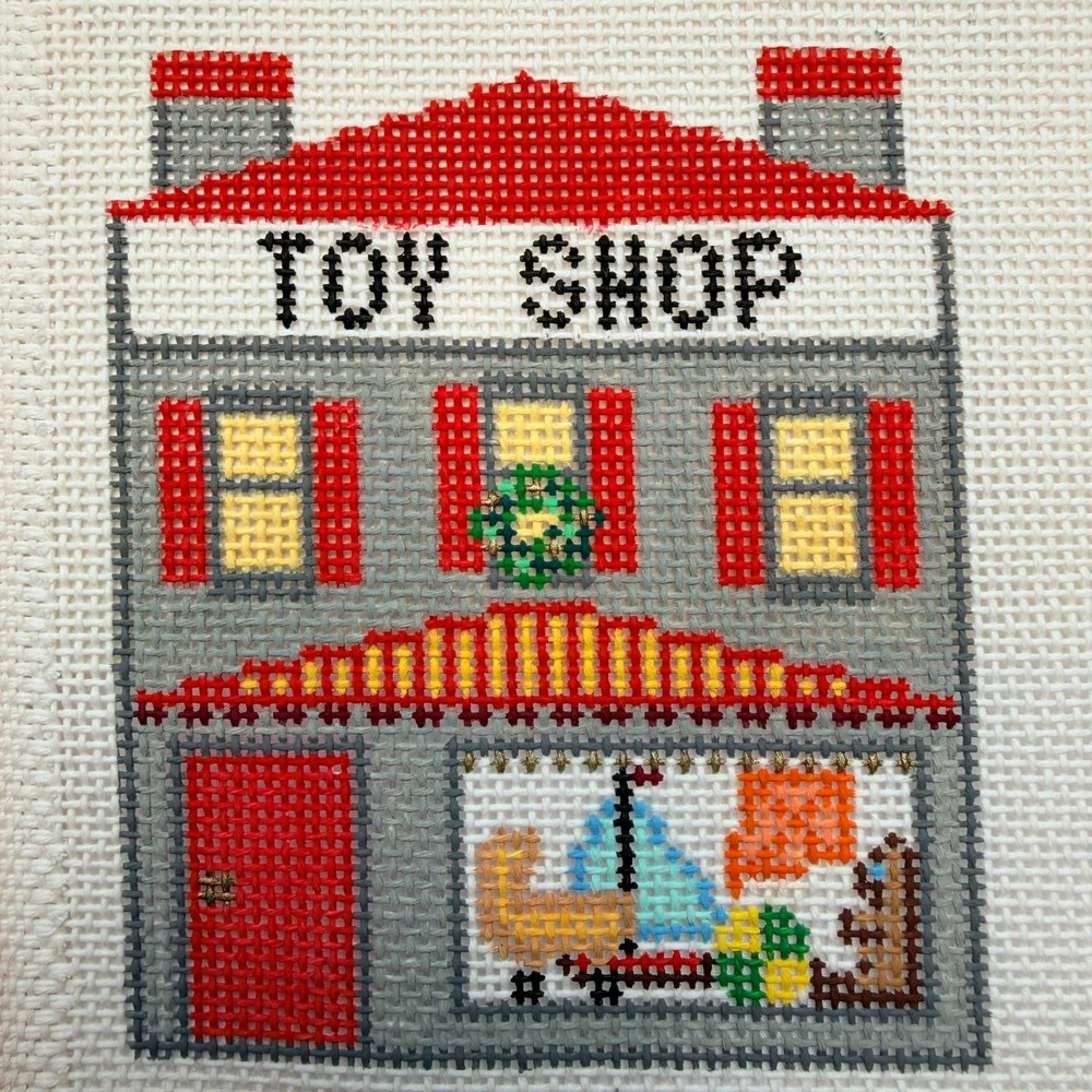 Toy Shop Hand Painted Needlepoint Canvas Christmas Storefront 0217 Vintage